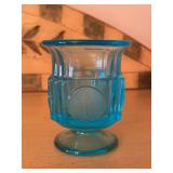 Blue Pressed Glass Candle Holder with Snowflake Motif