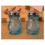 Pressed Glass Salt and Pepper Shakers, Blue, Medallion Pattern