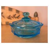 Blue Pressed Glass Covered Candy Dish with Coin Design