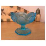 Light Blue Glass Pedestal Bowl with Coin Pattern