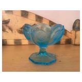 Pressed Glass Footed Compote, Coin Pattern, Aqua Blue