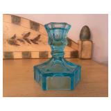 Blue Pressed Glass Candlestick with Coin Motif