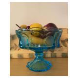 Blue Pressed Glass Footed Bowl with Coin Design