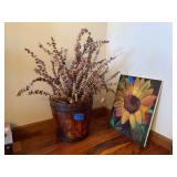 Barrel Planter with Dried Eucalyptus and Sunflower Painting