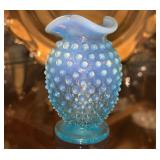 Fenton Blue Opalescent Hobnail Ruffled Vase