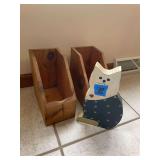 Wooden Magazine Racks and Decorative Cat Figurine