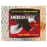 Federal American Eagle 9mm Luger Ammunition, 115 Grain FMJ, 100 Round Box
