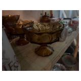 Amber Glass Pedestal Bowl with Coin Motif