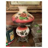 Milk Glass Hurricane Lamp with Floral Motif and Metal Base