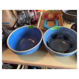 Set of Two Blue Glazed Ceramic Mixing Bowls with Metal Insert