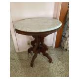 Oval Marble Top Side Table with Carved Wood Pedestal Base