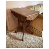 Wood Side Table with Stone Top and Carved Details