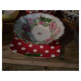 Assorted Kitchenware Lot Including Polka Dot Bowls and Floral Serving Dish