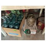 Collection of Blue Glass Mason Jars and Assorted Household Containers