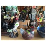 Ceramic Rooster and Hen Figurines with Metal Lantern Stand