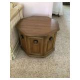 Octagonal Wooden End Table with Storage Cabinet & Contents