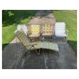 Collection of Five Aluminum Frame Webbed Outdoor Chairs and Chaise Lounge