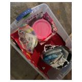 Assorted Party Supplies and Tableware in Storage Bin