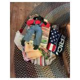 Assorted Textile Lot with Fabric Doll and American Flag Motif Throw