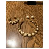 Gold Tone Faux Pearl Jewelry Set Including Collar Necklace, Cuff Bracelet, and Clip-On Earrings
