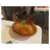 Amber Glass Hen on Nest Covered Dish
