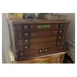 Oak Sewing Spool Cabinet with Assorted Contents