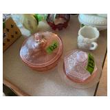 Pink Glass Covered Dishes, Set of Two