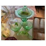 Green Glass Tableware Collection Including Lidded Compote and Bowls