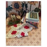 Assorted Collection of Books and Crocheted Textile