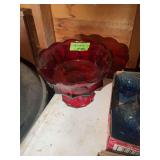Red Glass Pedestal Bowl with Coin Dot Pattern