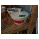 Milk Glass Covered Bowl with Red Pattern