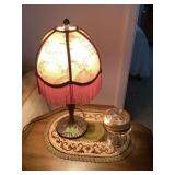 Table Lamp with Fringed Shade and Covered Glass Candy Dish