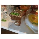 Marigold Carnival Glass Pedestal Candy Dish and Sunflower Pattern Casserole Dish