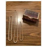 Collection of Three Pearl Necklaces with Decorative Metal and Glass Jewelry Box