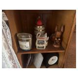Assorted Decorative Collectibles and Household Items in Wooden Cabinet