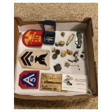 Military Insignia, Optimist International Membership Card, and Assorted Pins Collection