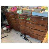 Wooden Nine-Drawer Dresser with Mirror and Glass Top