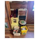 Assorted Household Lot Including Small Cabinet, Folding Step Stool, Framed Print, and Magazines