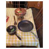 Assorted Kitchenware Collection Including Copper Chafing Dish, Skillet, Saucepan, and Hand Bell