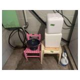 Small Pink Wooden Chair, Blue Colander, and Two Styrofoam Coolers