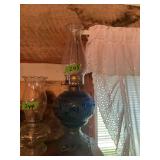 Blue Glass Oil Lamp with Embossed Floral Pattern
