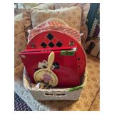 Assorted Board Games and Accessories in Wicker Basket