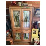Wooden Cabinet with Stained Glass Panels and Two Drawers