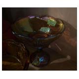 Marigold Iridescent Glass Compote with Grape Motif