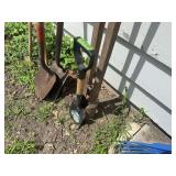Assorted Garden Hand Tools Including Post Hole Digger and Shovels