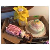 Assorted Decorative Items Including Figural Doll, Floral Covered Dish, and Little Blessings Ornament
