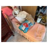 Pink Upholstered Chaise Lounge with Fabric Doll and Decorative Pillows