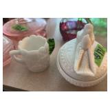 Milk Glass Covered Dish with Bird Finial and Matching Small Creamer