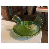 Green Iridescent Glass Hen on Nest Covered Dish
