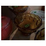 Amber Glass Footed Bowl with Coin Motif